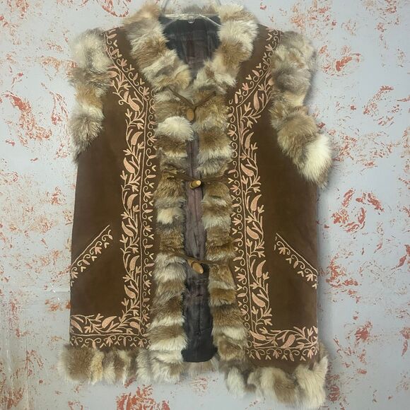 Jackets & Blazers - Boho Embroidered Faux Fur Trim Vest Brown Faux Suede Western Festival Small